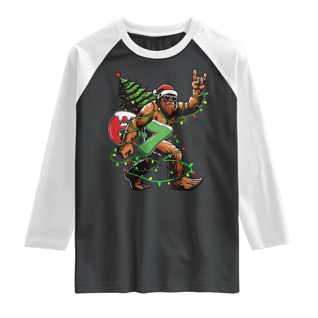 Funny Santa Bigfoot 67 Christmas Tree Xmas Lights Raglan Shirt TS11 Black White Print Your Wear