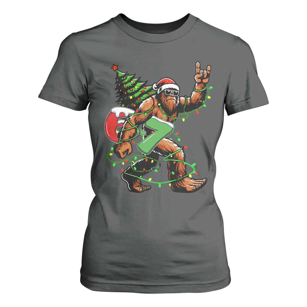Funny Santa Bigfoot 67 Christmas Tree Xmas Lights T Shirt For Women TS11 Dark Heather Print Your Wear