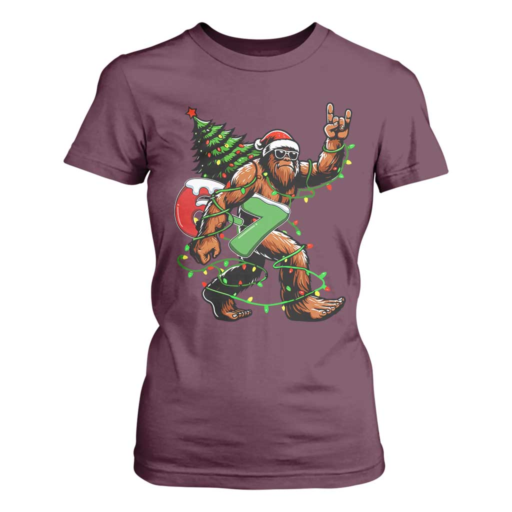 Funny Santa Bigfoot 67 Christmas Tree Xmas Lights T Shirt For Women TS11 Maroon Print Your Wear