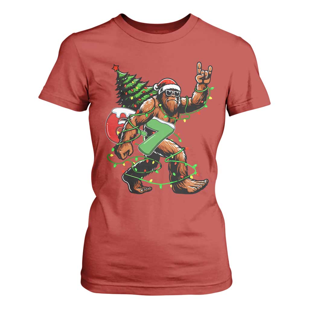 Funny Santa Bigfoot 67 Christmas Tree Xmas Lights T Shirt For Women TS11 Red Print Your Wear