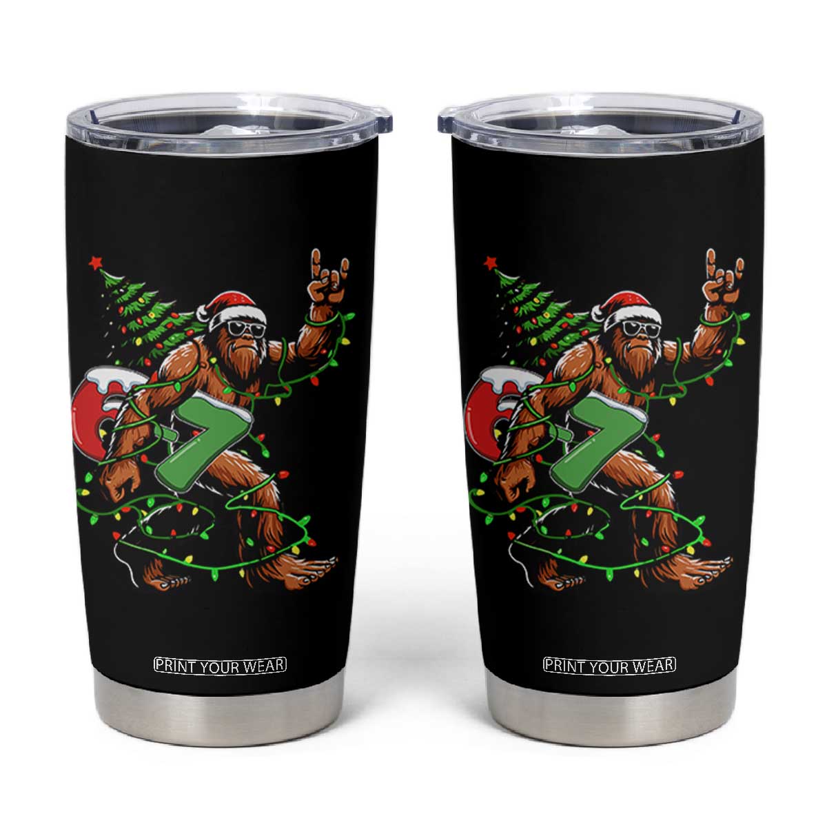 Funny Santa Bigfoot 67 Christmas Tree Xmas Lights Tumbler Cup - Print Your Wear
