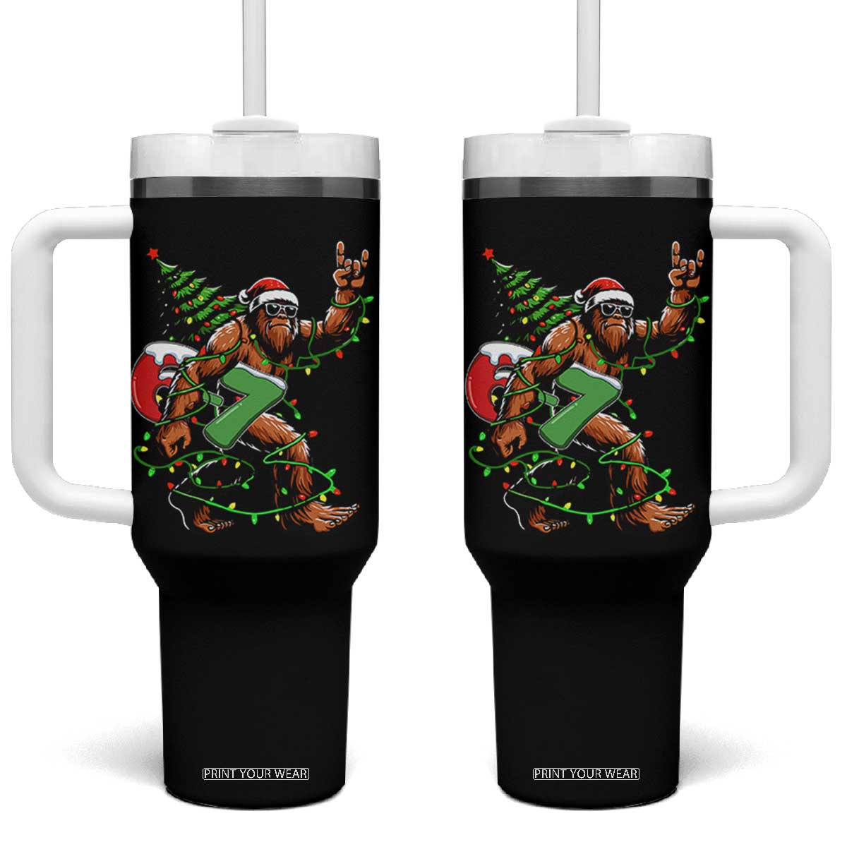Funny Santa Bigfoot 67 Christmas Tree Xmas Lights Tumbler With Handle - Print Your Wear