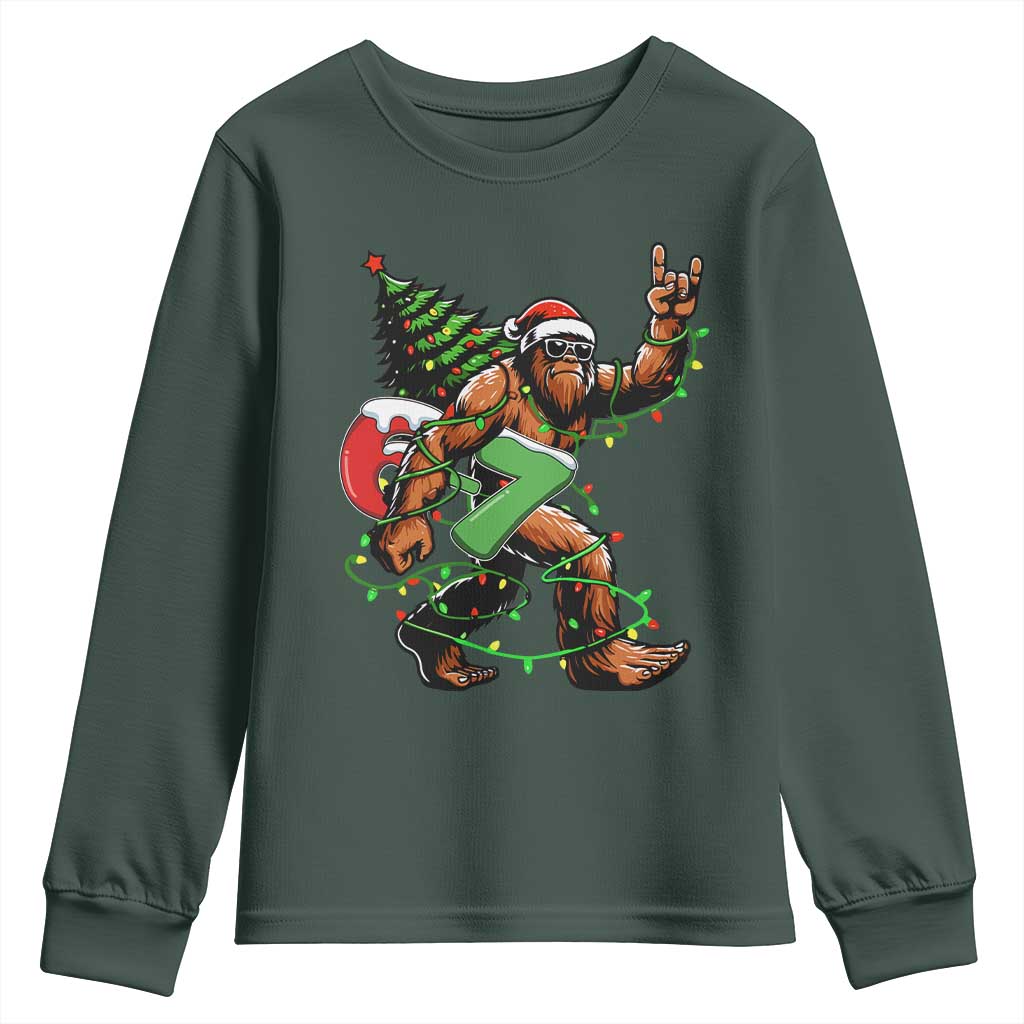 Funny Santa Bigfoot 67 Christmas Tree Xmas Lights Youth Sweatshirt TS11 Dark Forest Green Print Your Wear