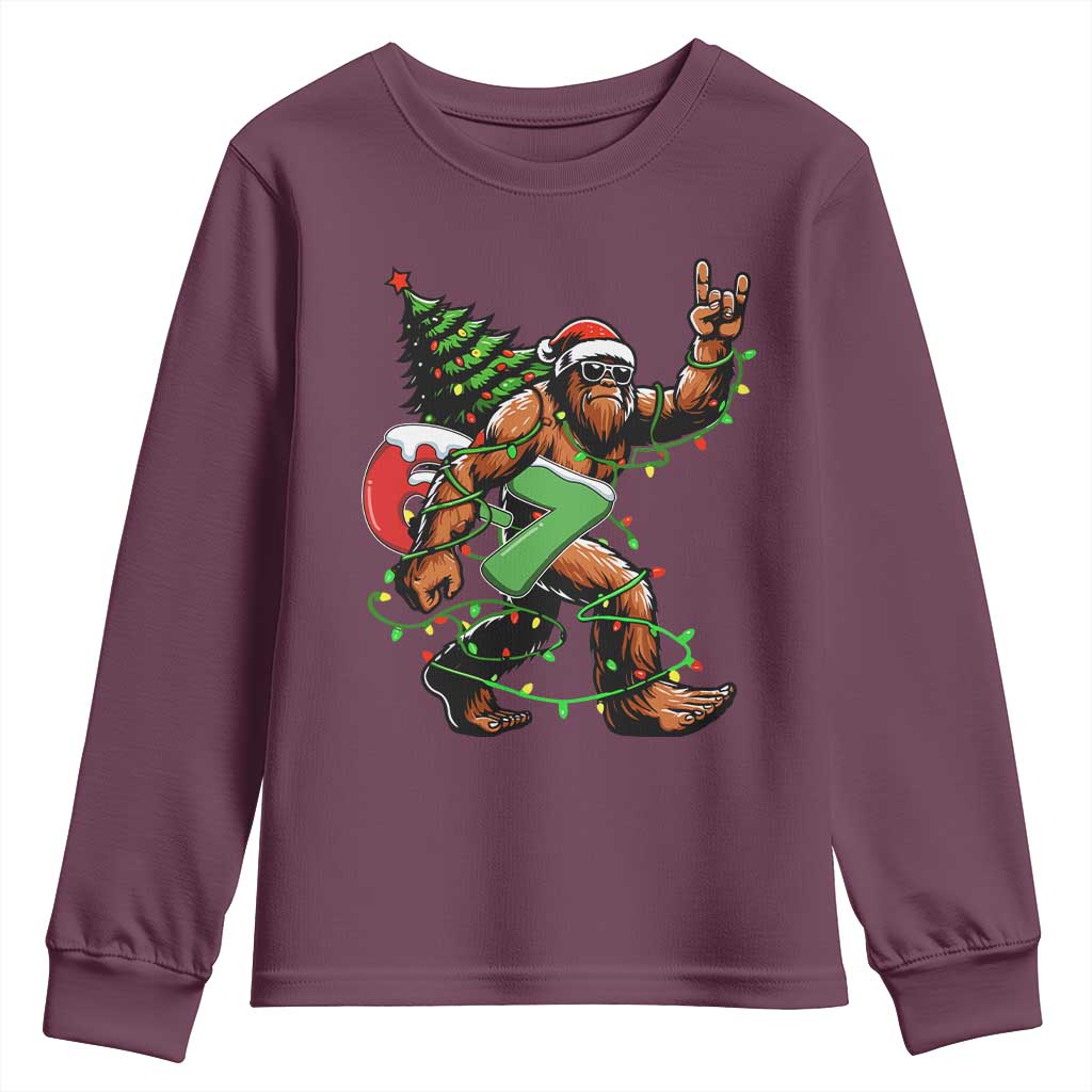 Funny Santa Bigfoot 67 Christmas Tree Xmas Lights Youth Sweatshirt TS11 Maroon Print Your Wear
