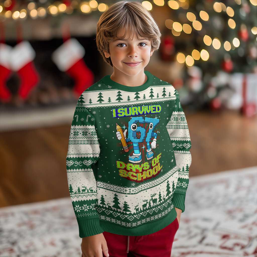 Funny I Survived 67 Days Of School Ugly Christmas Sweater Six Seven Meme Pixel Game Gen Alpha TS11 Forest Green Beige Print Your Wear