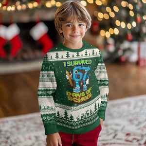 Funny I Survived 67 Days Of School Ugly Christmas Sweater Six Seven Meme Pixel Game Gen Alpha TS11 Forest Green Beige Print Your Wear