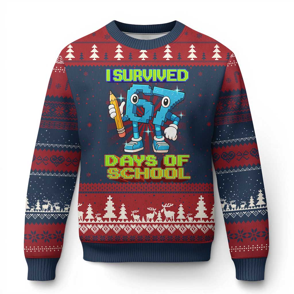 Funny I Survived 67 Days Of School Ugly Christmas Sweater Six Seven Meme Pixel Game Gen Alpha TS11 Navy Red Print Your Wear