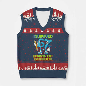 Funny I Survived 67 Days Of School V-Neck Knit Sweater Vest Six Seven Meme Pixel Game Gen Alpha TS11 Navy Red Print Your Wear