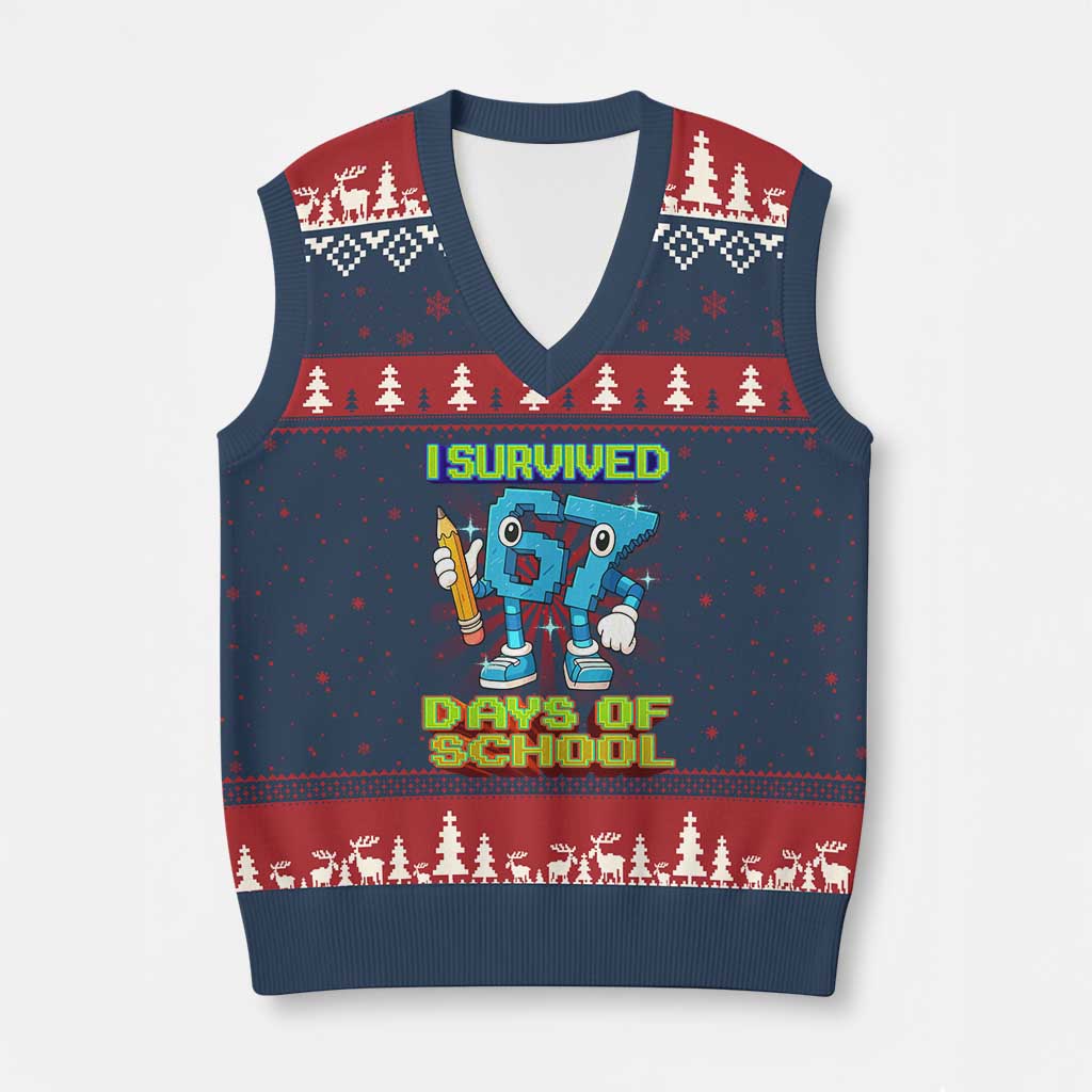 Funny I Survived 67 Days Of School V-Neck Knit Sweater Vest Six Seven Meme Pixel Game Gen Alpha TS11 Navy Red Print Your Wear
