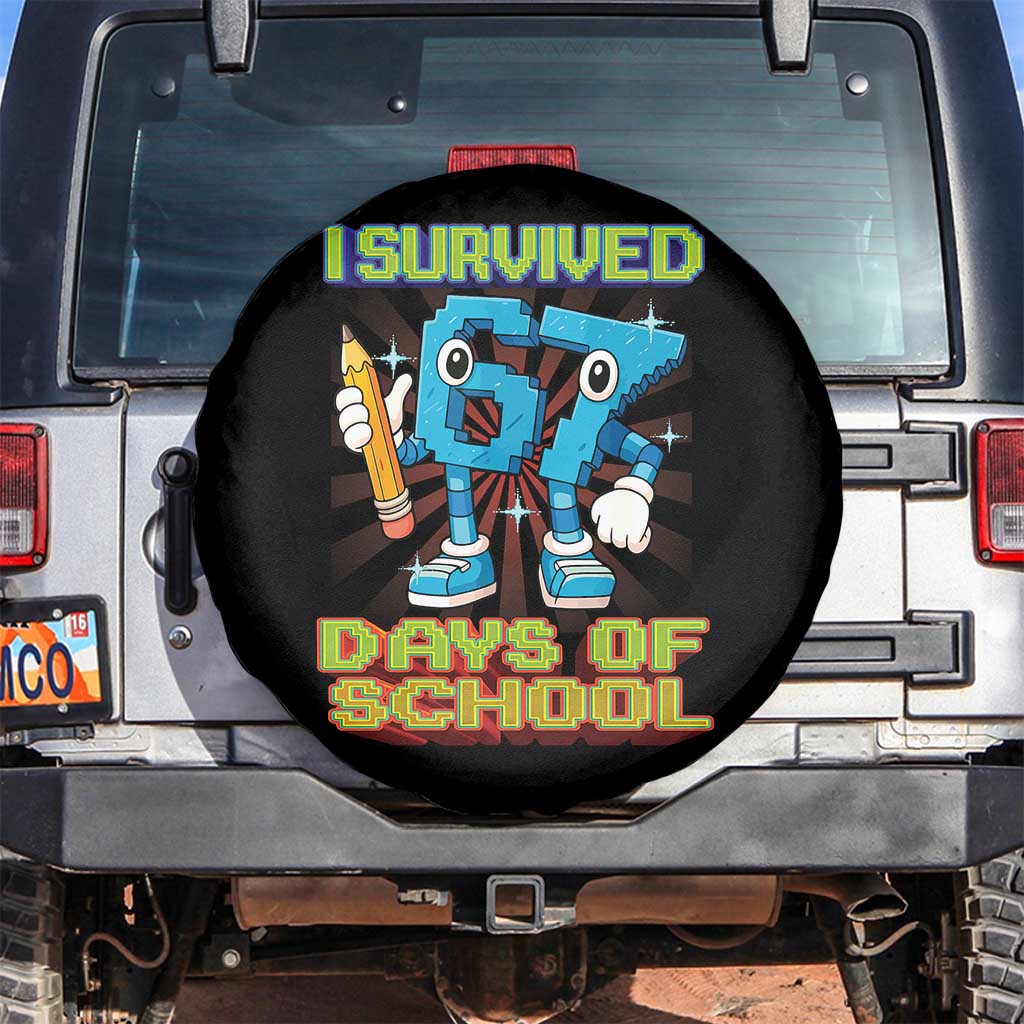 Funny I Survived 67 Days Of School Spare Tire Cover Six Seven Meme Pixel Game Gen Alpha TS11 No hole Black Print Your Wear