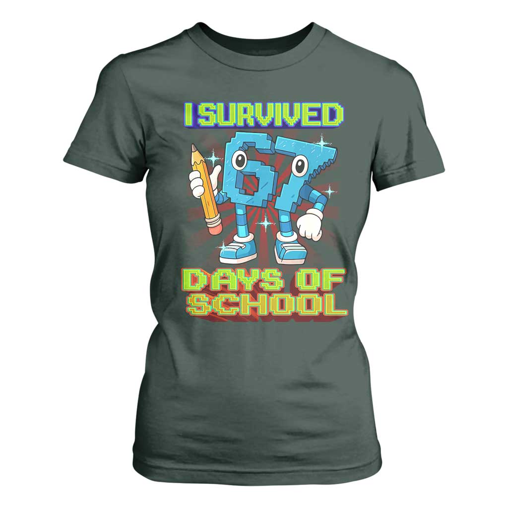 Funny I Survived 67 Days Of School T Shirt For Women Six Seven Meme Pixel Game Gen Alpha TS11 Dark Forest Green Print Your Wear