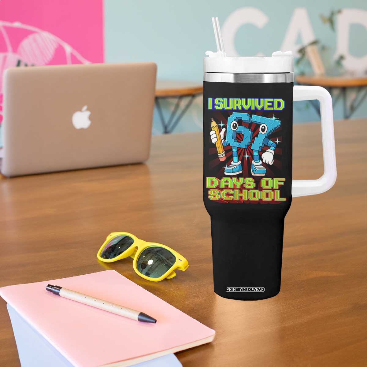 Funny I Survived 67 Days Of School Tumbler With Handle Six Seven Meme Pixel Game Gen Alpha TS11 Print Your Wear