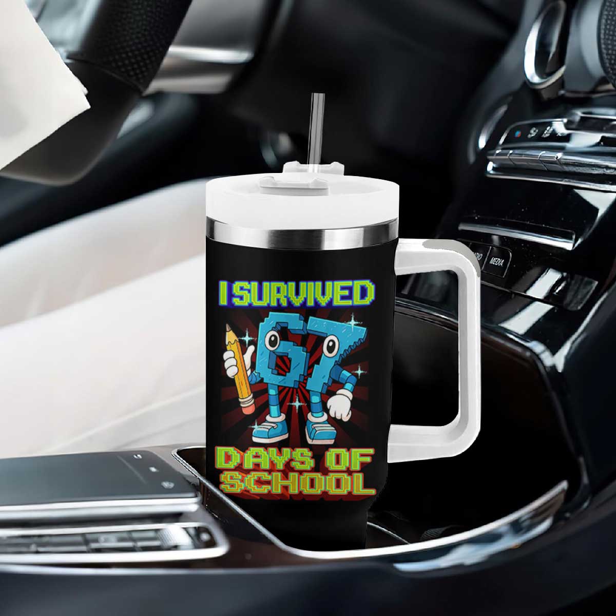 Funny I Survived 67 Days Of School Tumbler With Handle Six Seven Meme Pixel Game Gen Alpha TS11 Print Your Wear