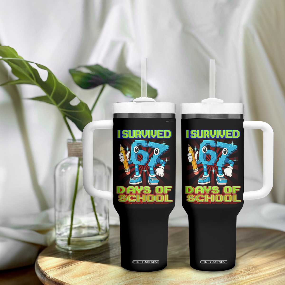 Funny I Survived 67 Days Of School Tumbler With Handle Six Seven Meme Pixel Game Gen Alpha TS11 Print Your Wear