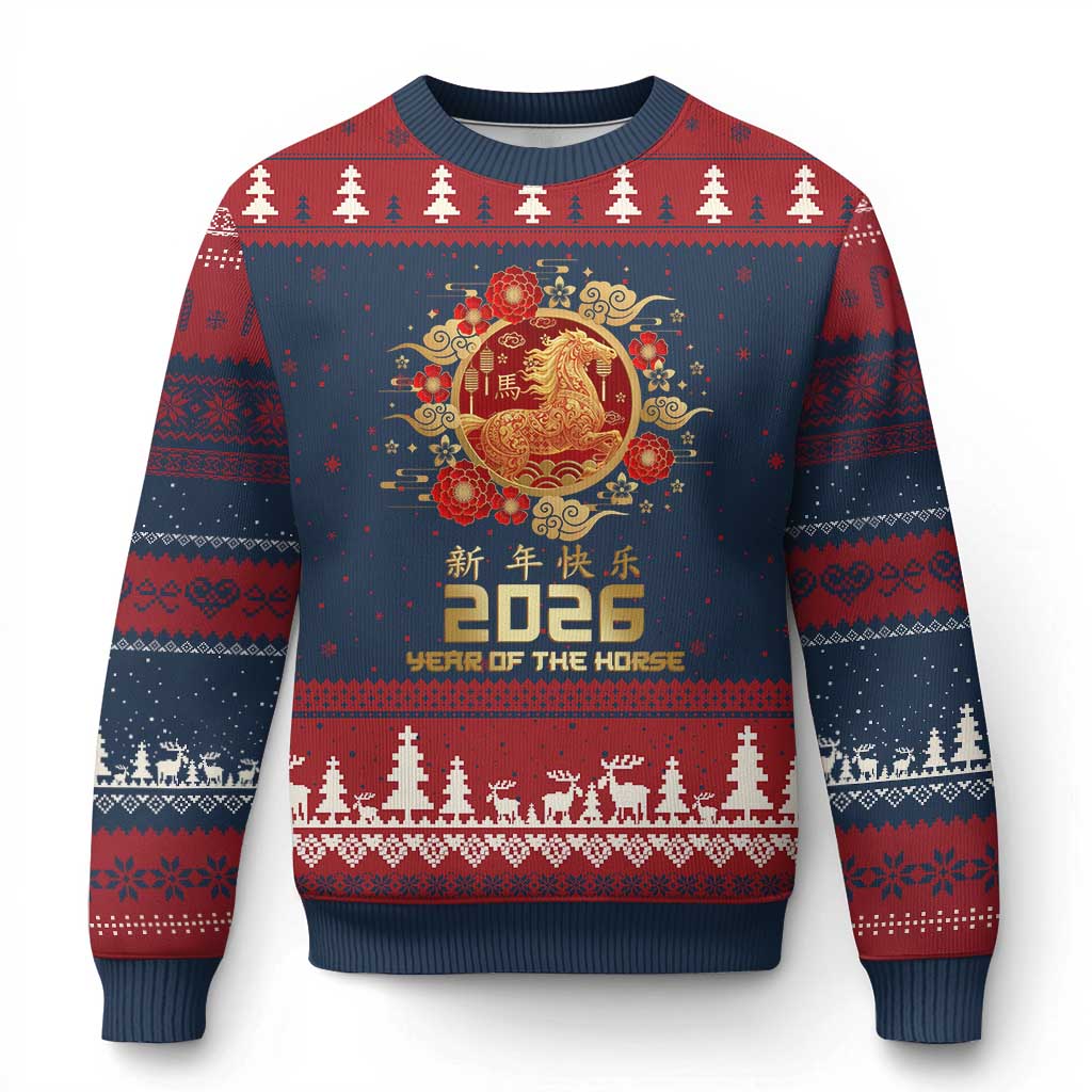 Chinese New Year 2026 Year of The Horse Ugly Christmas Sweater Golden Zodiac Horse TS11 Navy Red Print Your Wear