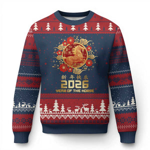 Chinese New Year 2026 Year of The Horse Ugly Christmas Sweater Golden Zodiac Horse TS11 Navy Red Print Your Wear
