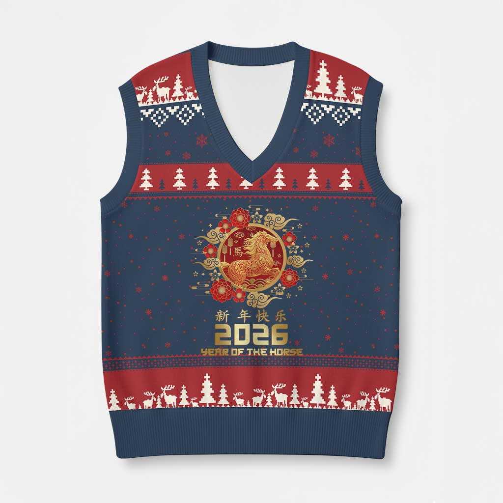 Chinese New Year 2026 Year of The Horse V-Neck Knit Sweater Vest Golden Zodiac Horse TS11 Navy Red Print Your Wear