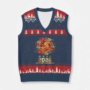 Chinese New Year 2026 Year of The Horse V-Neck Knit Sweater Vest Golden Zodiac Horse TS11 Navy Red Print Your Wear