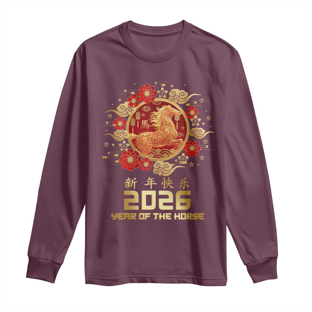 Chinese New Year 2026 Year of The Horse Long Sleeve Shirt Golden Zodiac Horse TS11 Maroon Print Your Wear