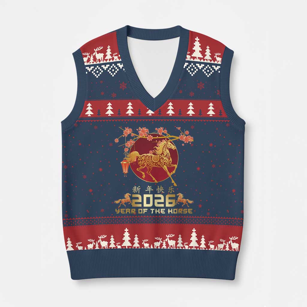 Chinese New Year 2026 Year of The Horse V-Neck Knit Sweater Vest Cherry Blossom TS11 Navy Red Print Your Wear