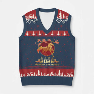 Chinese New Year 2026 Year of The Horse V-Neck Knit Sweater Vest Cherry Blossom TS11 Navy Red Print Your Wear