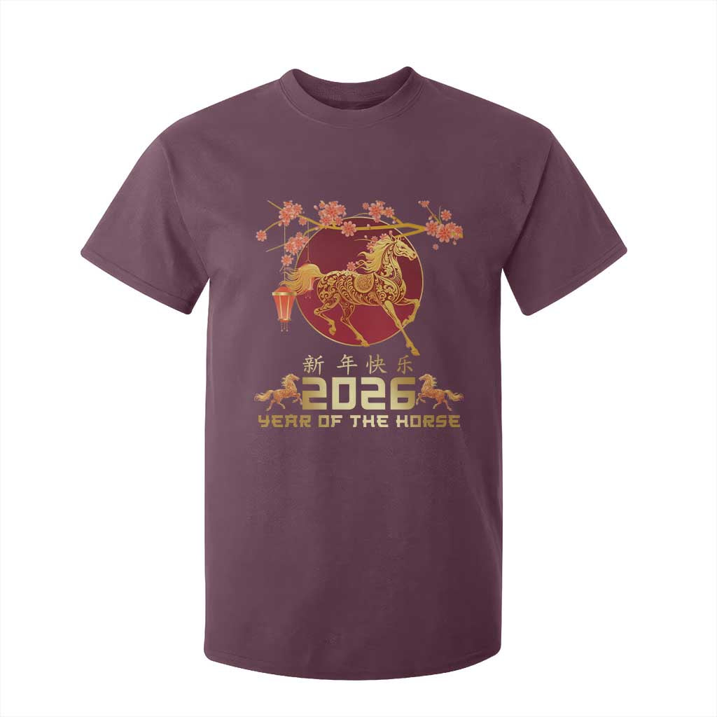 Chinese New Year 2026 Year of The Horse T Shirt For Kid Cherry Blossom TS11 Maroon Print Your Wear