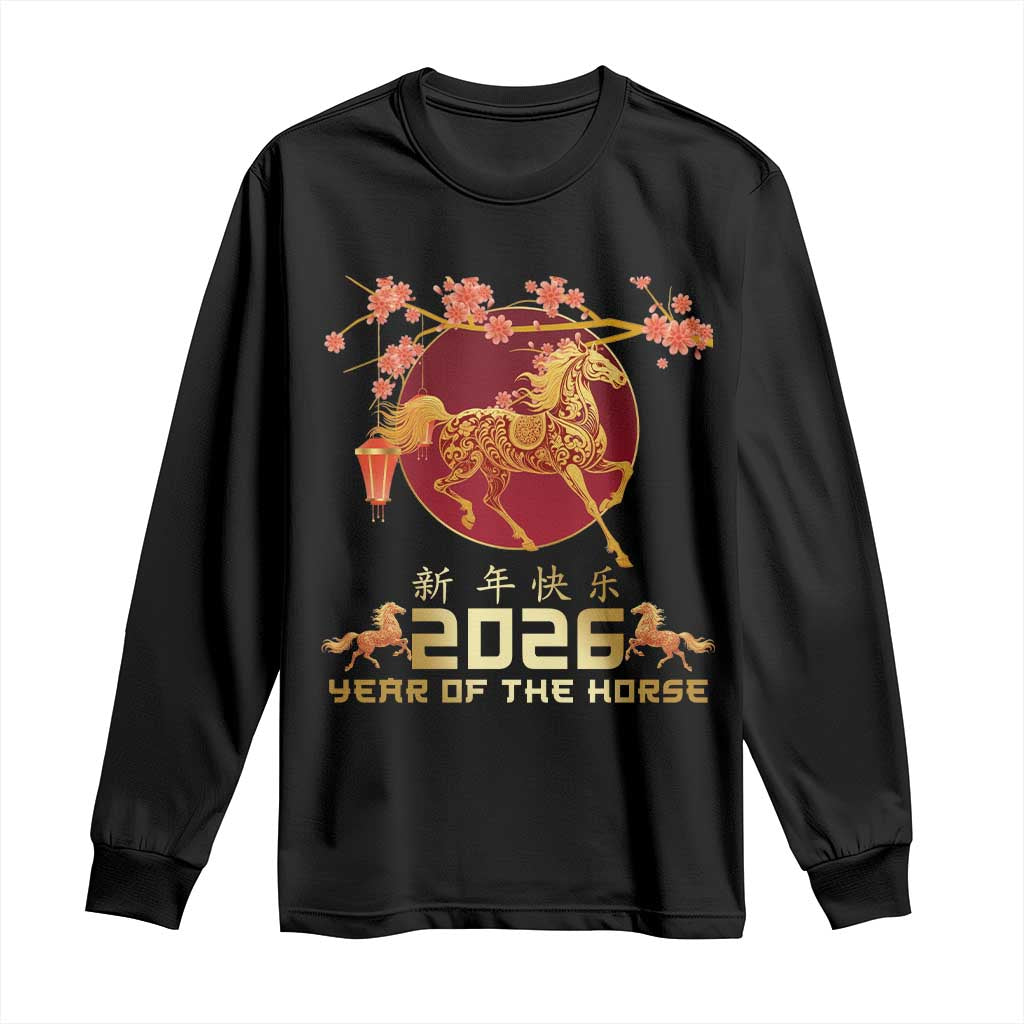 Chinese New Year 2026 Year of The Horse Long Sleeve Shirt Cherry Blossom TS11 Black Print Your Wear