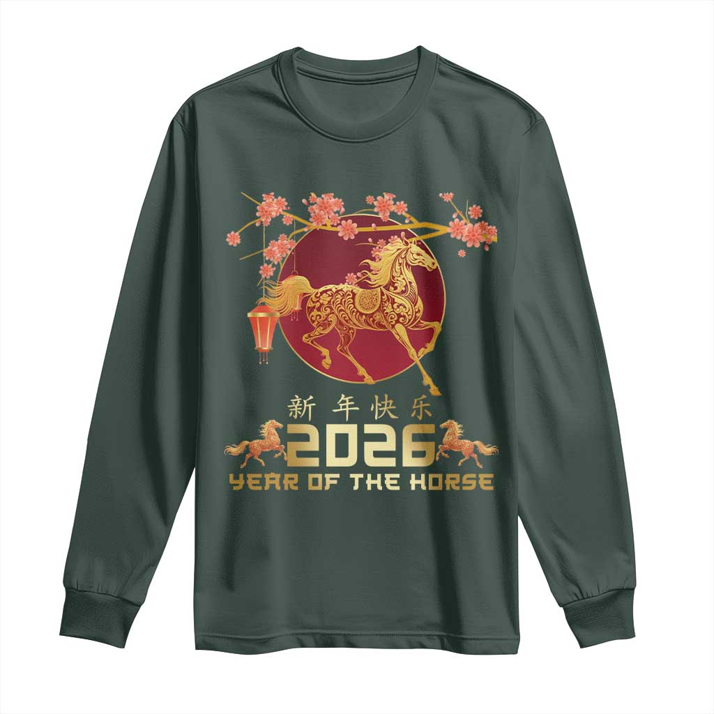 Chinese New Year 2026 Year of The Horse Long Sleeve Shirt Cherry Blossom TS11 Dark Forest Green Print Your Wear