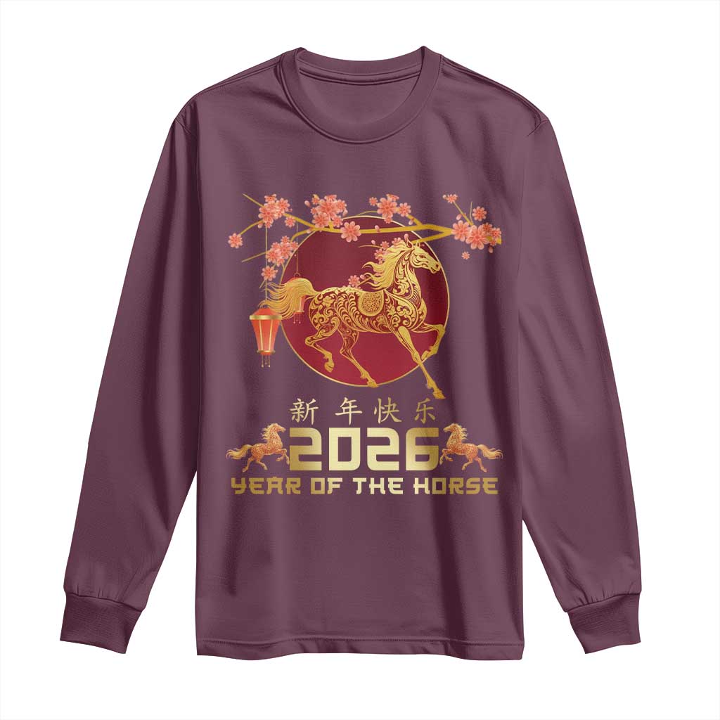 Chinese New Year 2026 Year of The Horse Long Sleeve Shirt Cherry Blossom TS11 Maroon Print Your Wear