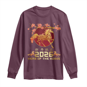 Chinese New Year 2026 Year of The Horse Long Sleeve Shirt Cherry Blossom TS11 Maroon Print Your Wear