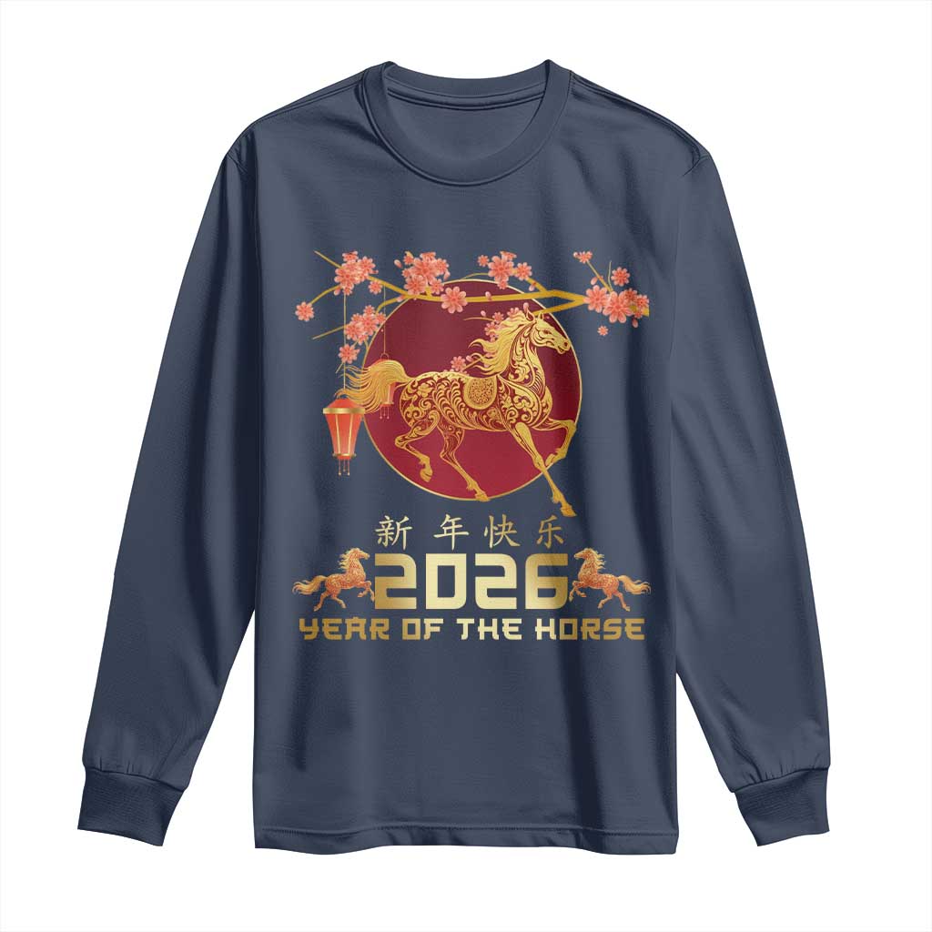 Chinese New Year 2026 Year of The Horse Long Sleeve Shirt Cherry Blossom TS11 Navy Print Your Wear