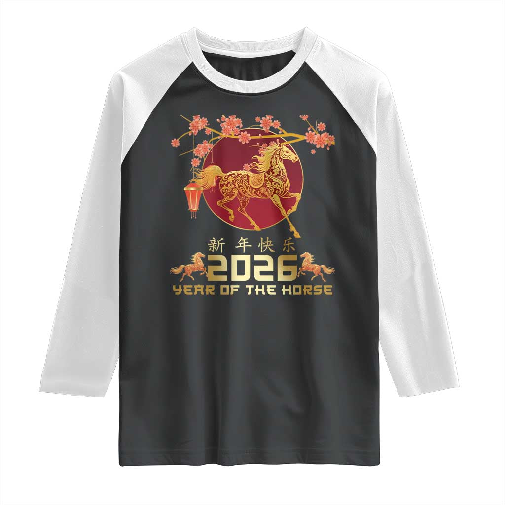 Chinese New Year 2026 Year of The Horse Raglan Shirt Cherry Blossom TS11 Black White Print Your Wear
