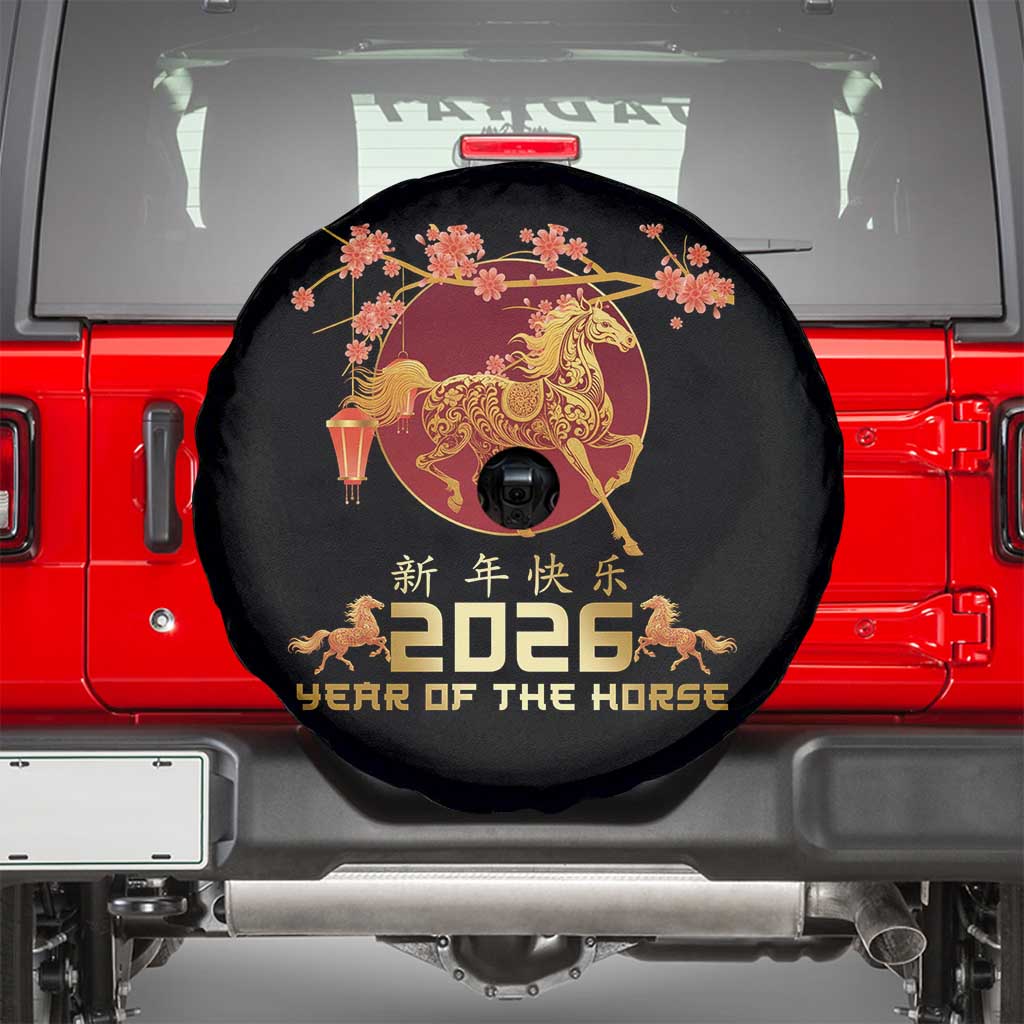 Chinese New Year 2026 Year of The Horse Spare Tire Cover Cherry Blossom TS11 Black Print Your Wear