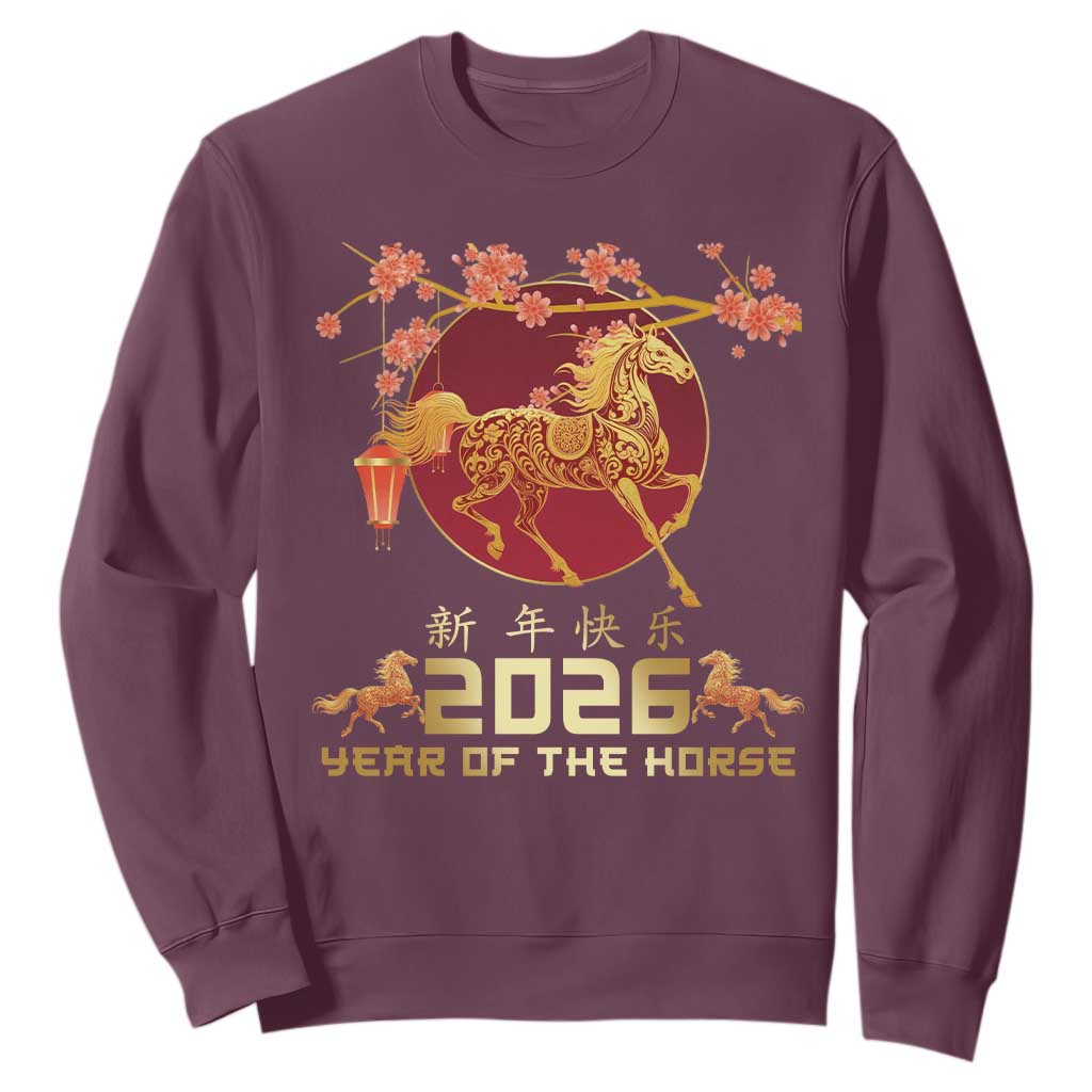 Chinese New Year 2026 Year of The Horse Sweatshirt Cherry Blossom TS11 Maroon Print Your Wear