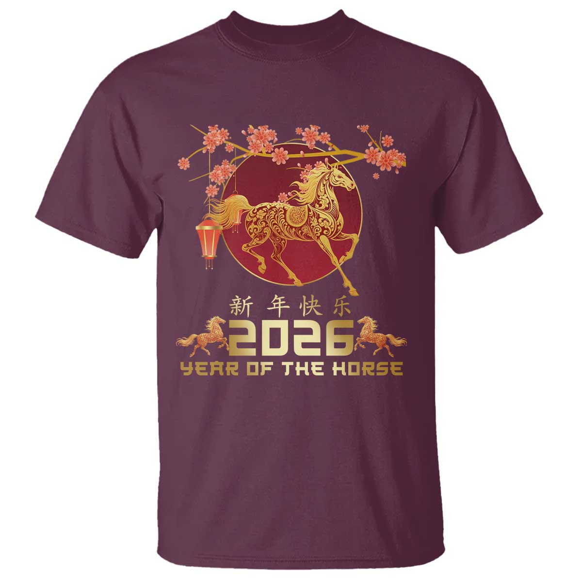 Chinese New Year 2026 Year of The Horse T Shirt - Cherry Blossom Lunar New Year Celebration Tee TS11 Maroon Print Your Wear