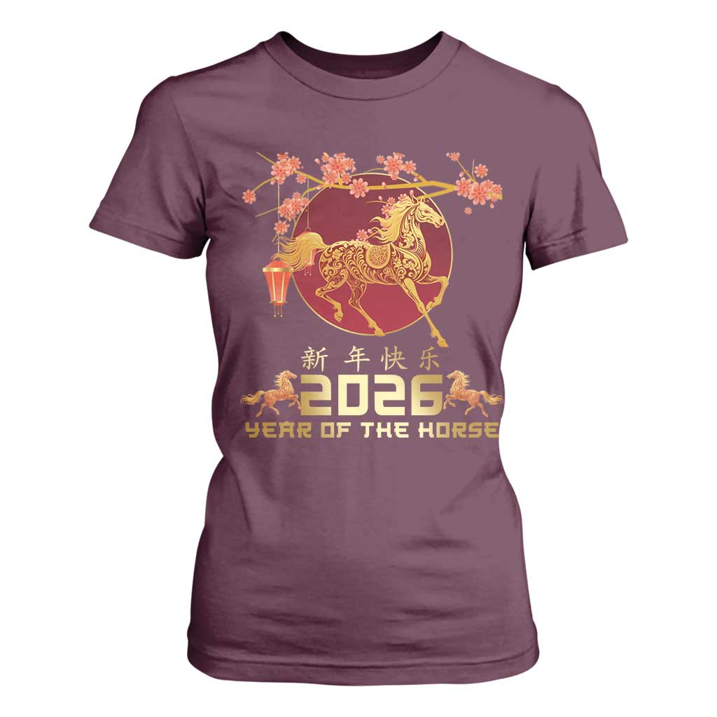 Chinese New Year 2026 Year of The Horse T Shirt For Women Cherry Blossom TS11 Maroon Print Your Wear