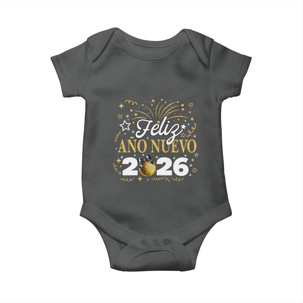 Spanish New Year 2026 Baby Onesie Feliz Ano Nuevo NYE Party Faux Glitter Effect Printed TS11 Dark Heather Print Your Wear