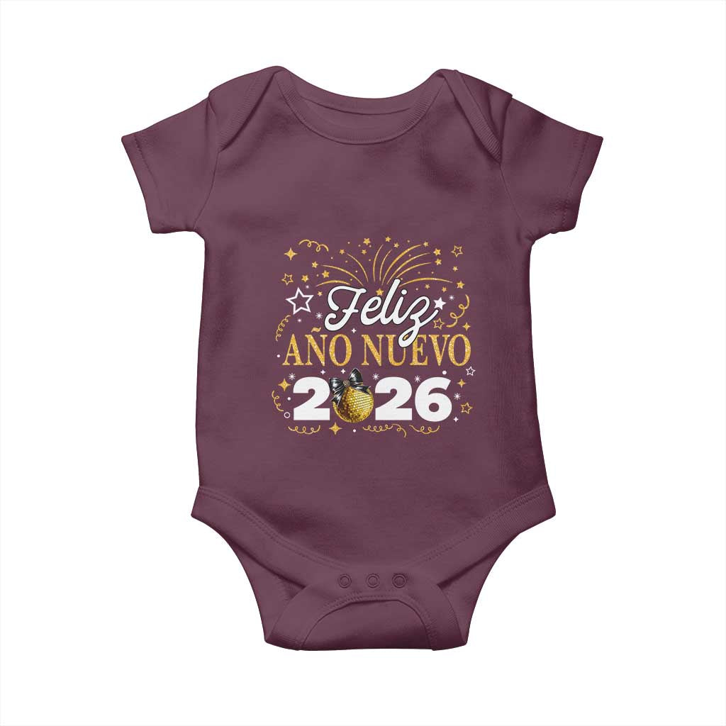 Spanish New Year 2026 Baby Onesie Feliz Ano Nuevo NYE Party Faux Glitter Effect Printed TS11 Maroon Print Your Wear