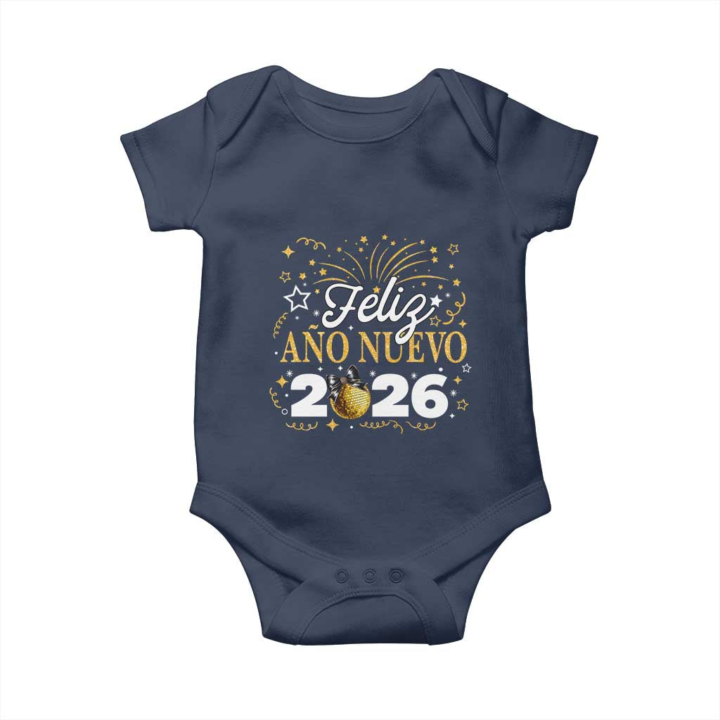 Spanish New Year 2026 Baby Onesie Feliz Ano Nuevo NYE Party Faux Glitter Effect Printed TS11 Navy Print Your Wear