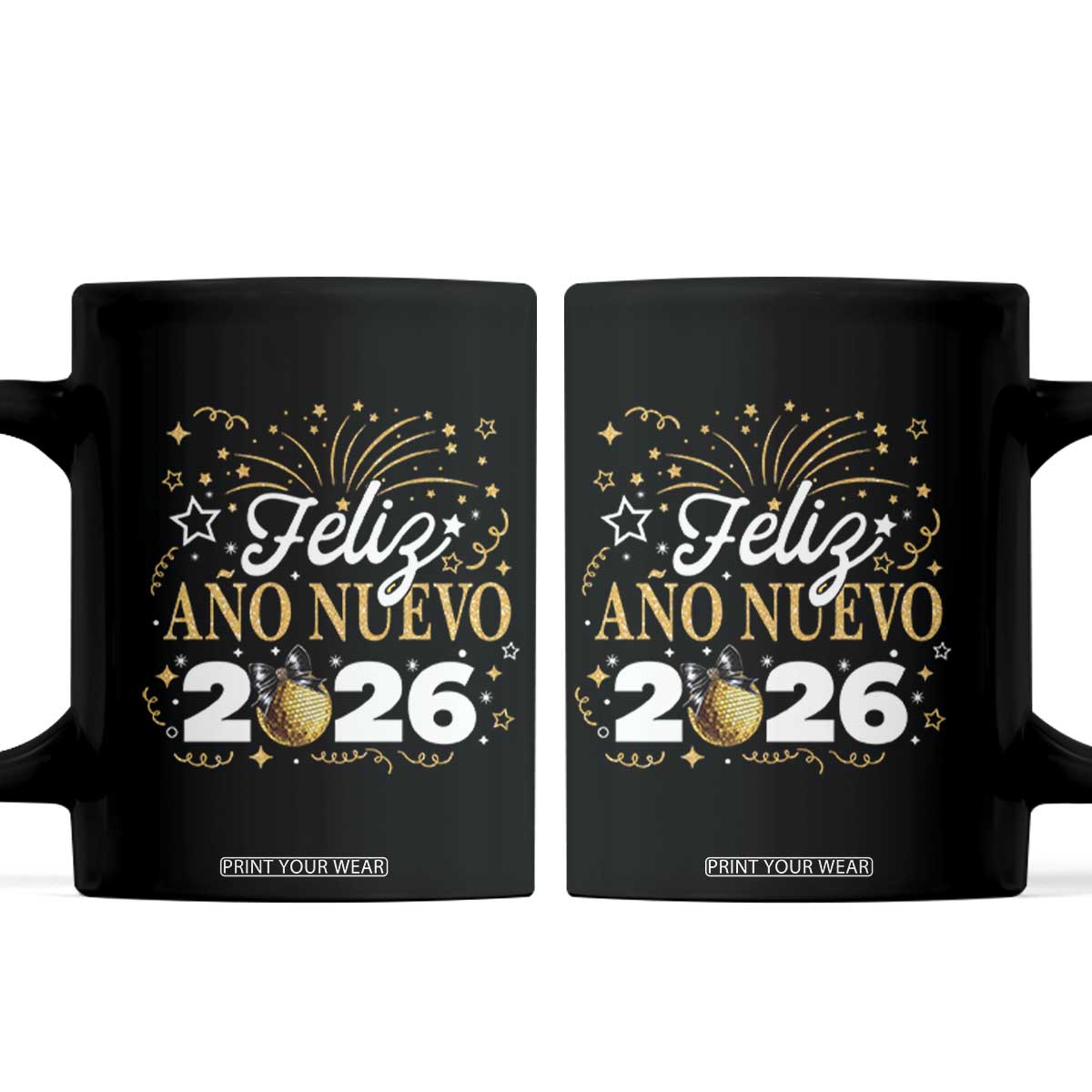 Spanish New Year 2026 Coffee Mug Feliz Ano Nuevo NYE Party Faux Glitter Effect Printed TS11 Black Print Your Wear