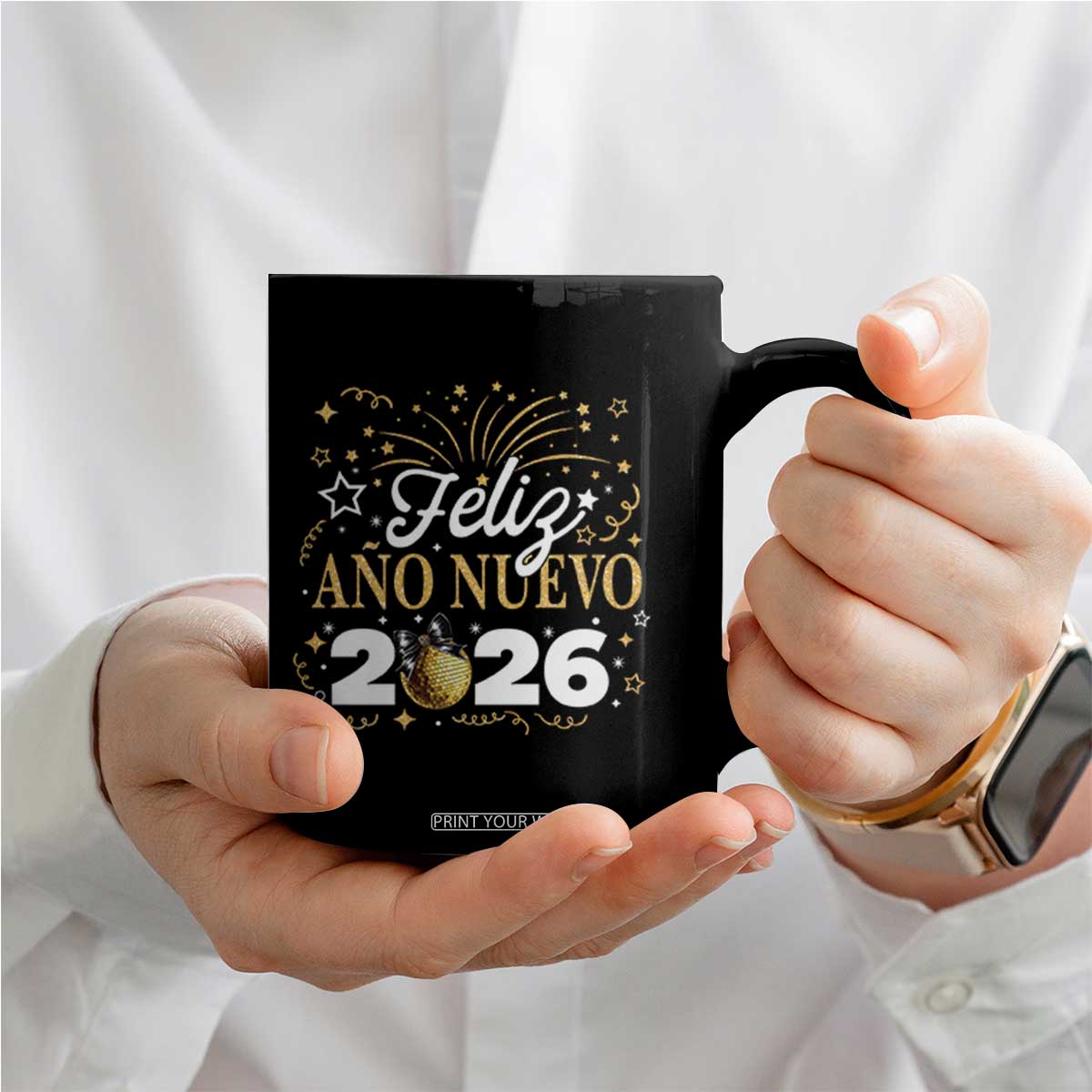 Spanish New Year 2026 Coffee Mug Feliz Ano Nuevo NYE Party Faux Glitter Effect Printed TS11 Print Your Wear