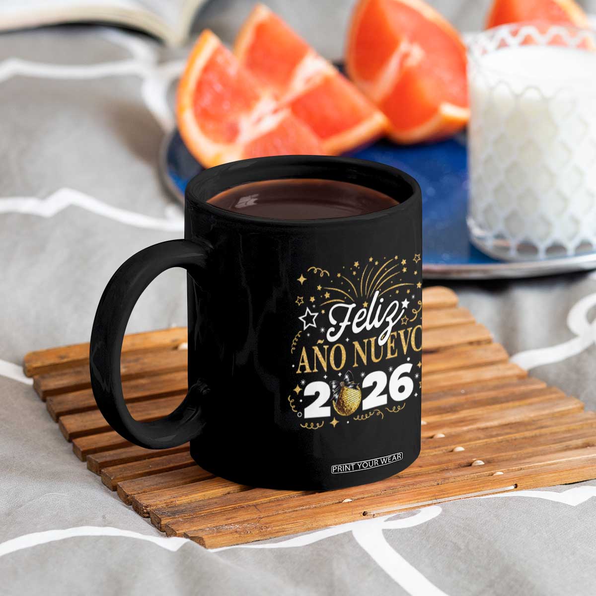 Spanish New Year 2026 Coffee Mug Feliz Ano Nuevo NYE Party Faux Glitter Effect Printed TS11 Print Your Wear