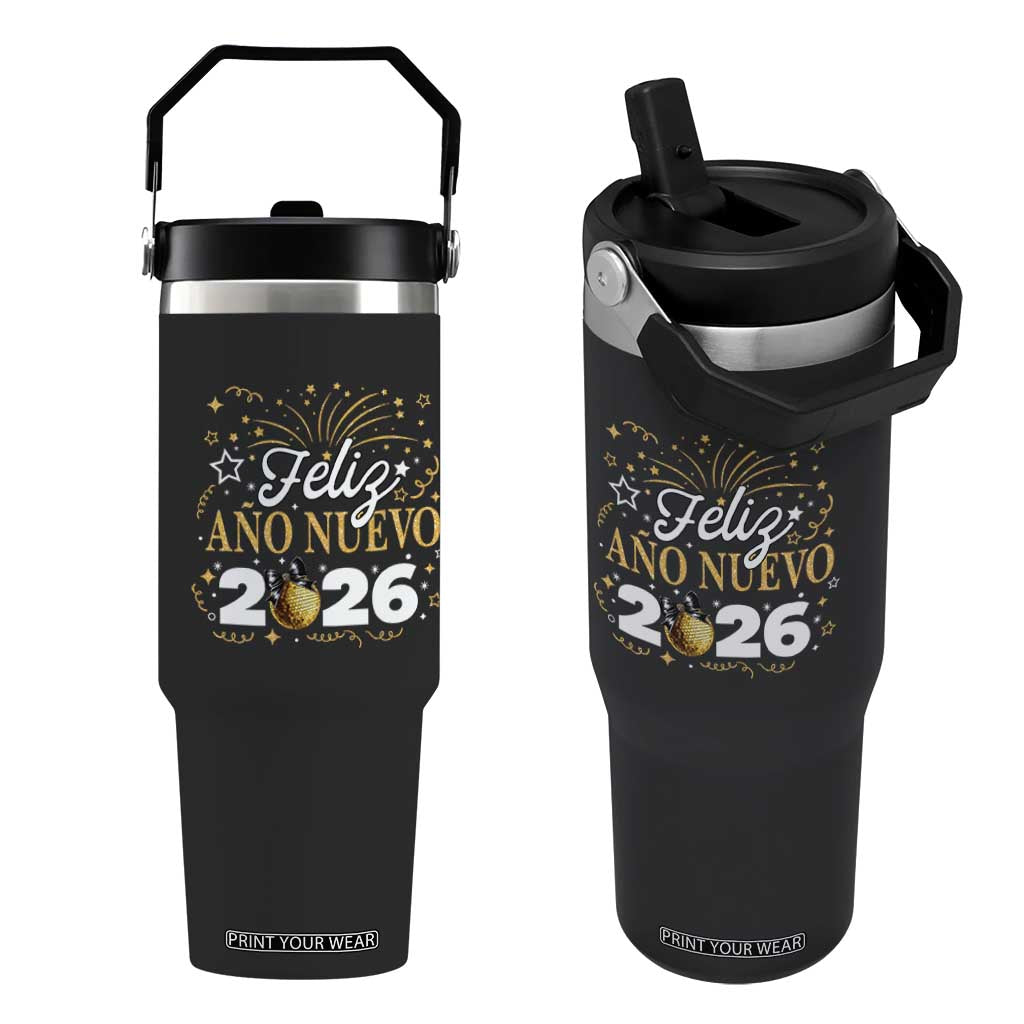 Spanish New Year 2026 Flip Straw Tumbler Feliz Ano Nuevo NYE Party Faux Glitter Effect Printed TS11 One Size: 30 oz Black Print Your Wear
