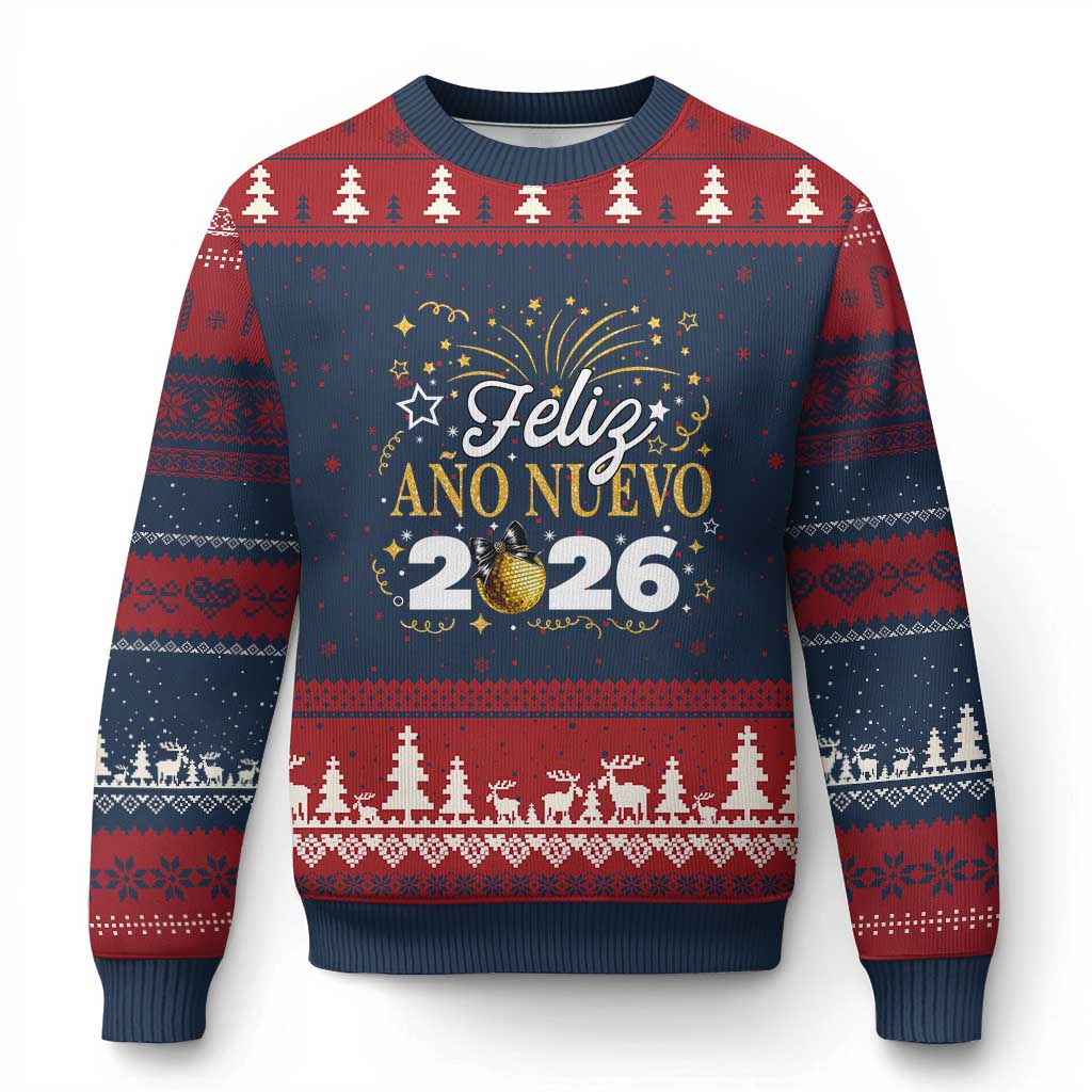 Spanish New Year 2026 Ugly Christmas Sweater Feliz Ano Nuevo NYE Party Faux Glitter Effect Printed TS11 Navy Red Print Your Wear