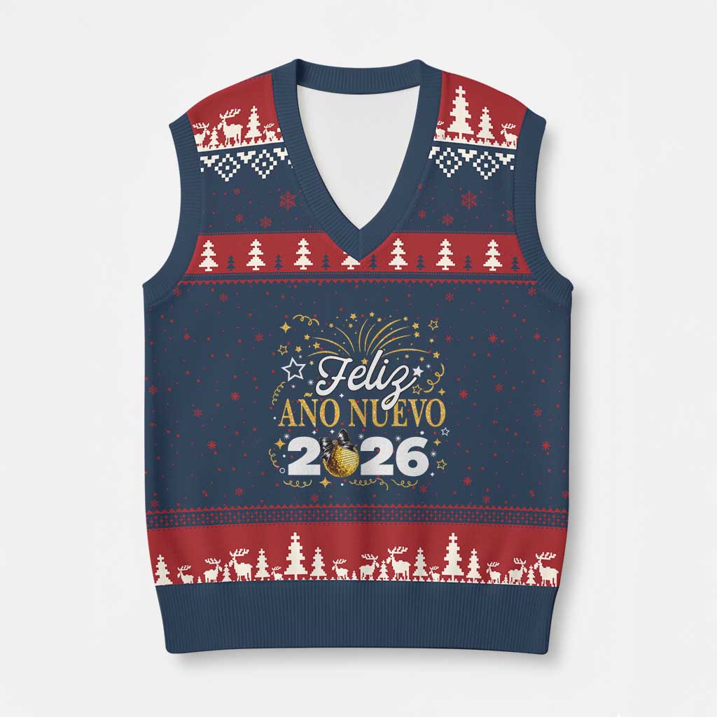 Spanish New Year 2026 V-Neck Knit Sweater Vest Feliz Ano Nuevo NYE Party Faux Glitter Effect Printed TS11 Navy Red Print Your Wear