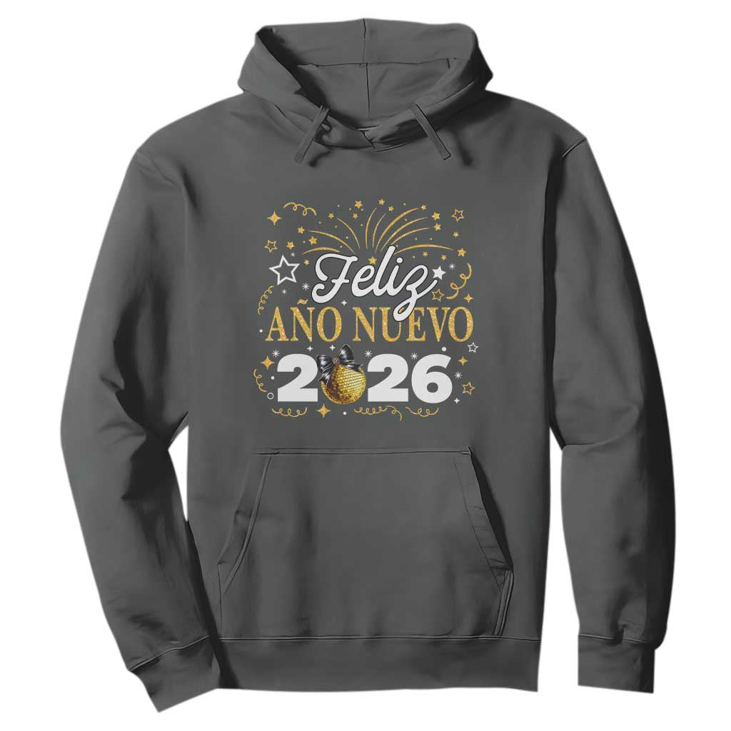 Spanish New Year 2026 Hoodie Feliz Ano Nuevo NYE Party Faux Glitter Effect Printed TS11 Dark Heather Print Your Wear