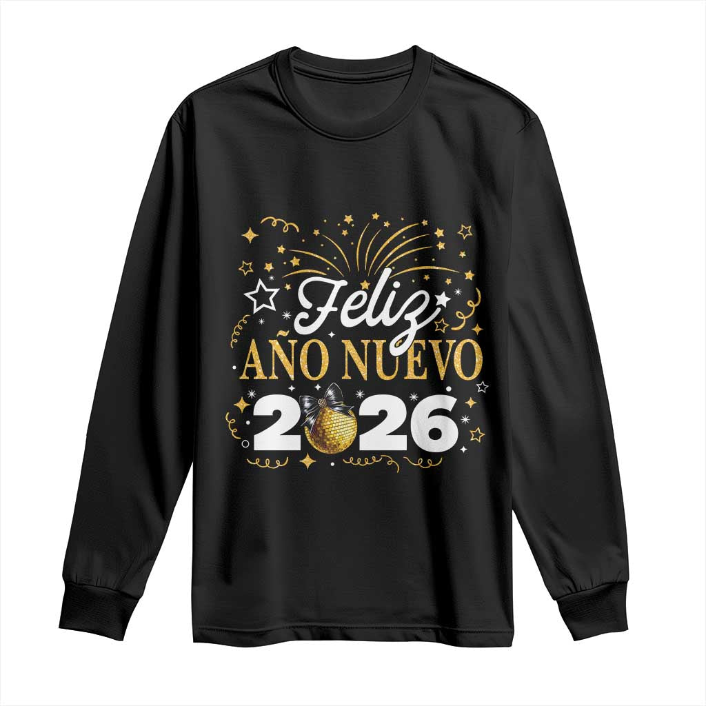 Spanish New Year 2026 Long Sleeve Shirt Feliz Ano Nuevo NYE Party Faux Glitter Effect Printed TS11 Black Print Your Wear