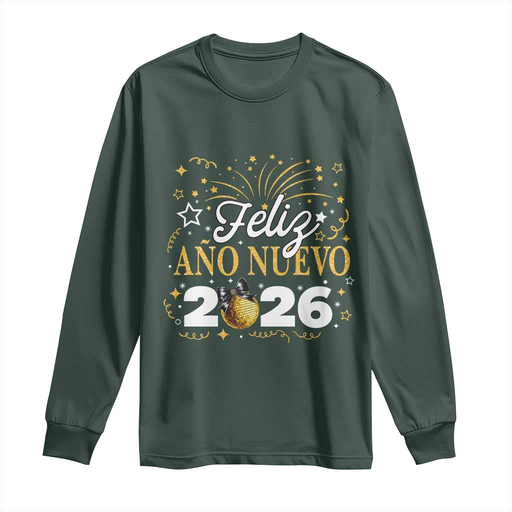 Spanish New Year 2026 Long Sleeve Shirt Feliz Ano Nuevo NYE Party Faux Glitter Effect Printed TS11 Dark Forest Green Print Your Wear