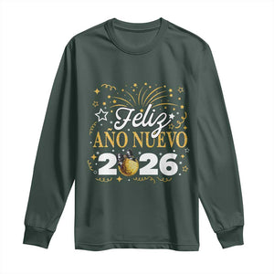 Spanish New Year 2026 Long Sleeve Shirt Feliz Ano Nuevo NYE Party Faux Glitter Effect Printed TS11 Dark Forest Green Print Your Wear