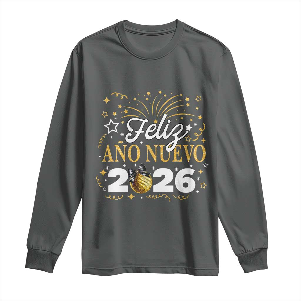 Spanish New Year 2026 Long Sleeve Shirt Feliz Ano Nuevo NYE Party Faux Glitter Effect Printed TS11 Dark Heather Print Your Wear